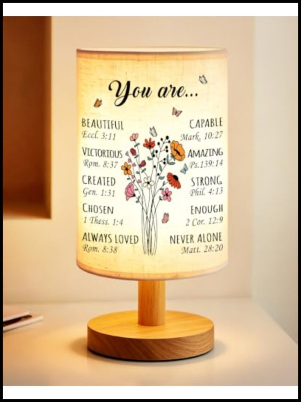 Christian Gifts for Women Fabric Table Lamp Linen Shade Wooden Base USB